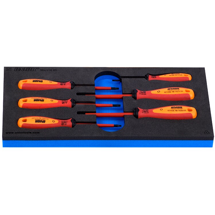 Set de surubelnite cu profil TX izolate la 1000 V VDETBI in modul SOS, marca Unior compus din 6 piese