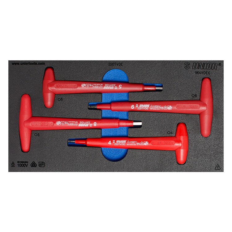 Set de chei locas hexagonal in T izolate la 1000 V in modul SOS, marca Unior compus din 4 piese