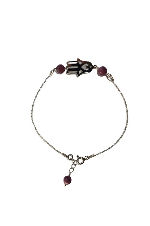 Bratara talisman Hamsa, hand of Fatima ”Peace, Love and Joy” Serenity Quartz cu rubine
