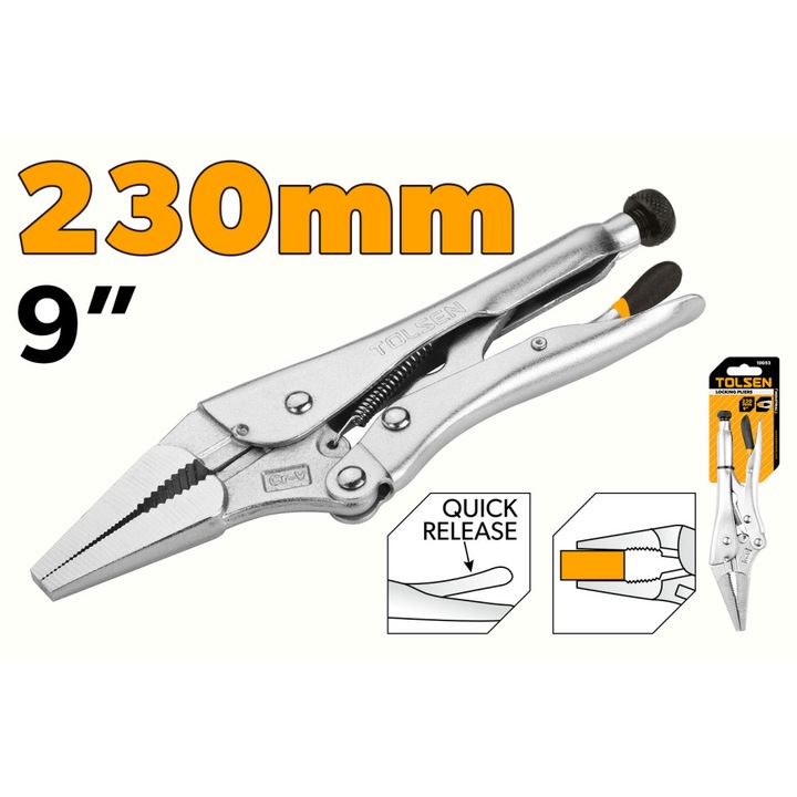 Cleste cu autoblocare TOLSEN 230 mm, Cr-V, Industrial, duritate HRC52–56, deschidere maxima 65 mm, finisaj nichel, rezistenta si prindere sigura pentru utilizari intense, mecanism de blocare pentru prindere stabila, otel Cr-V tratat termic duritate