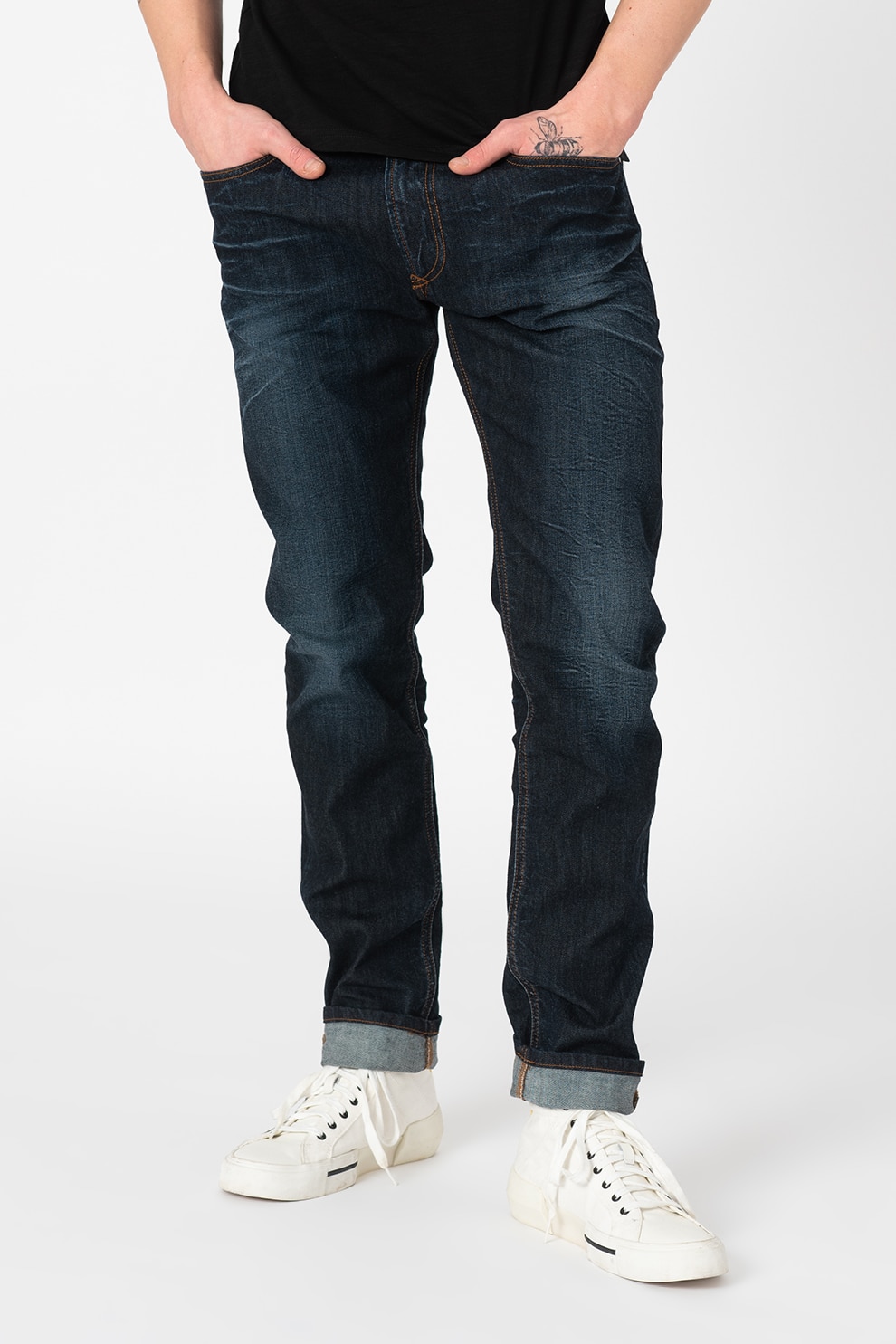 Diesel, Blugi cu aspect decolorat Thavar, Albastru inchis