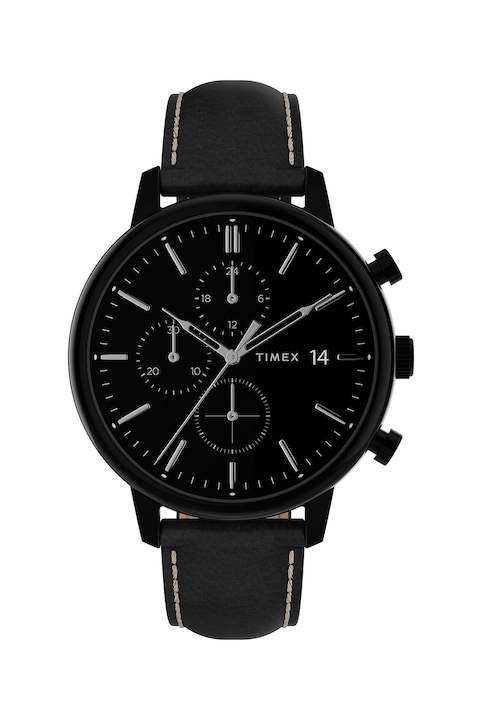 Timex, Часовник Chicago с кожена каишка - 45 мм, Черен
