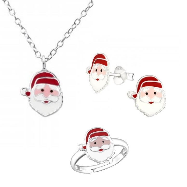 Комплект от обеци, колие, пръстен на Дядо Коледа от сребро 925, многоцветен цвят, включена кутия за бижута