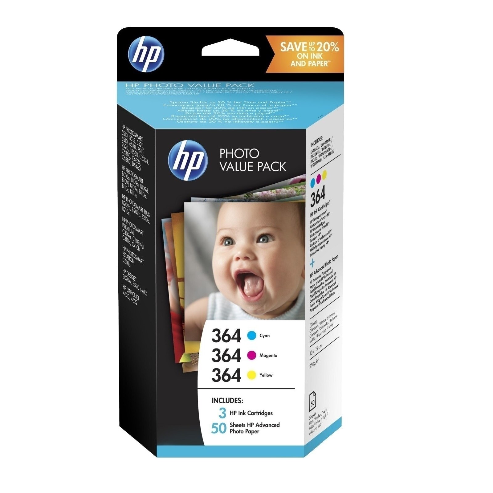 Set 3 cartuse cerneala, original HP, CB318EE (HP364C) cyan CB319EE (HP364M) magenta CB320EE (HP364Y) galben , 300 pagini, 50 coli foto incluse