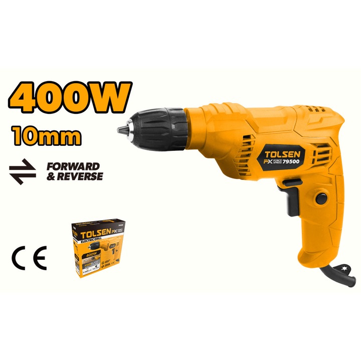 Masina de Gaurit Electrica 400W TOLSEN FX Force Xpress, 220-240V, 0-3500rpm, Mandrina Ø10mm, Cablu VDE 2m, CE