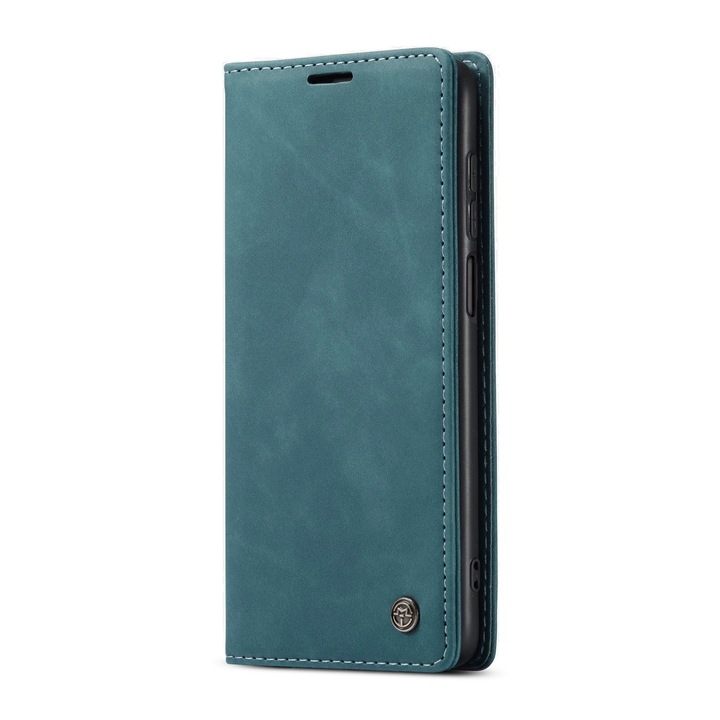 Husa pentru Xiaomi Redmi Note 9 Pro, CaseMe, slim piele, tip portofel, stand, inchidere magnetica, textura catifelata, Albastru verzui