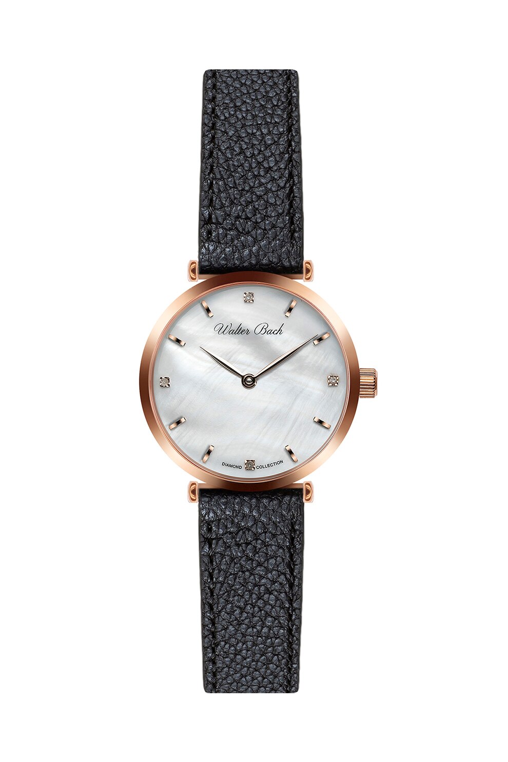 Walter Bach, Ceas cu o curea de piele decorat cu 4 diamante, Negru/Auriu rose