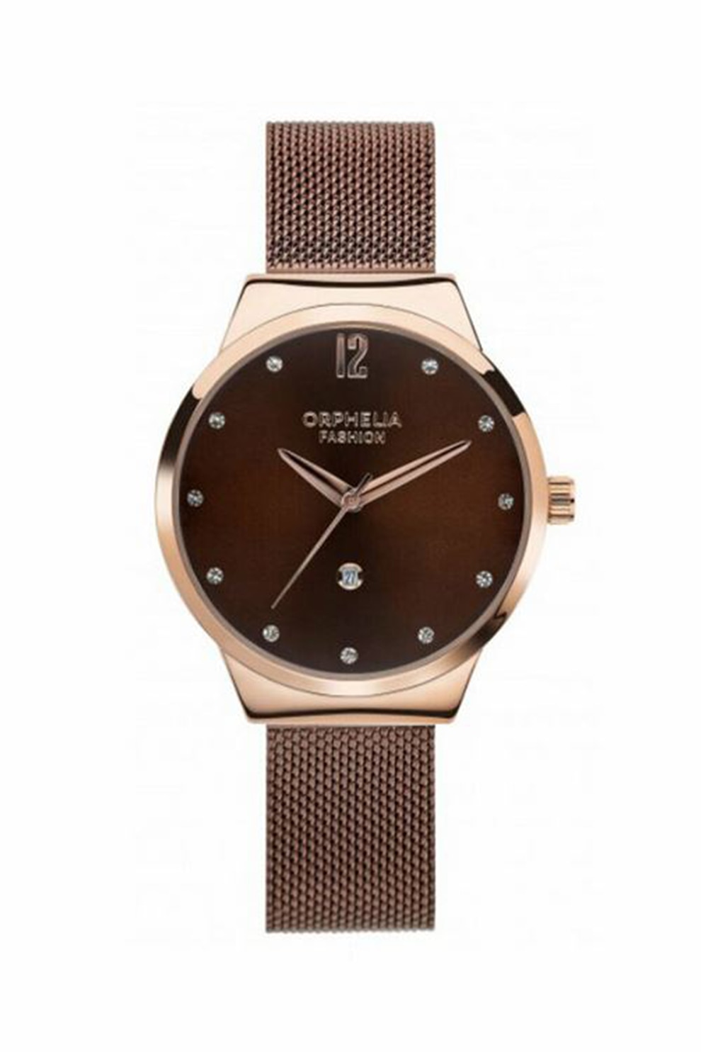 Orphelia, Ceas quartz cu bratara cu model plasa, Auriu rose/Maro