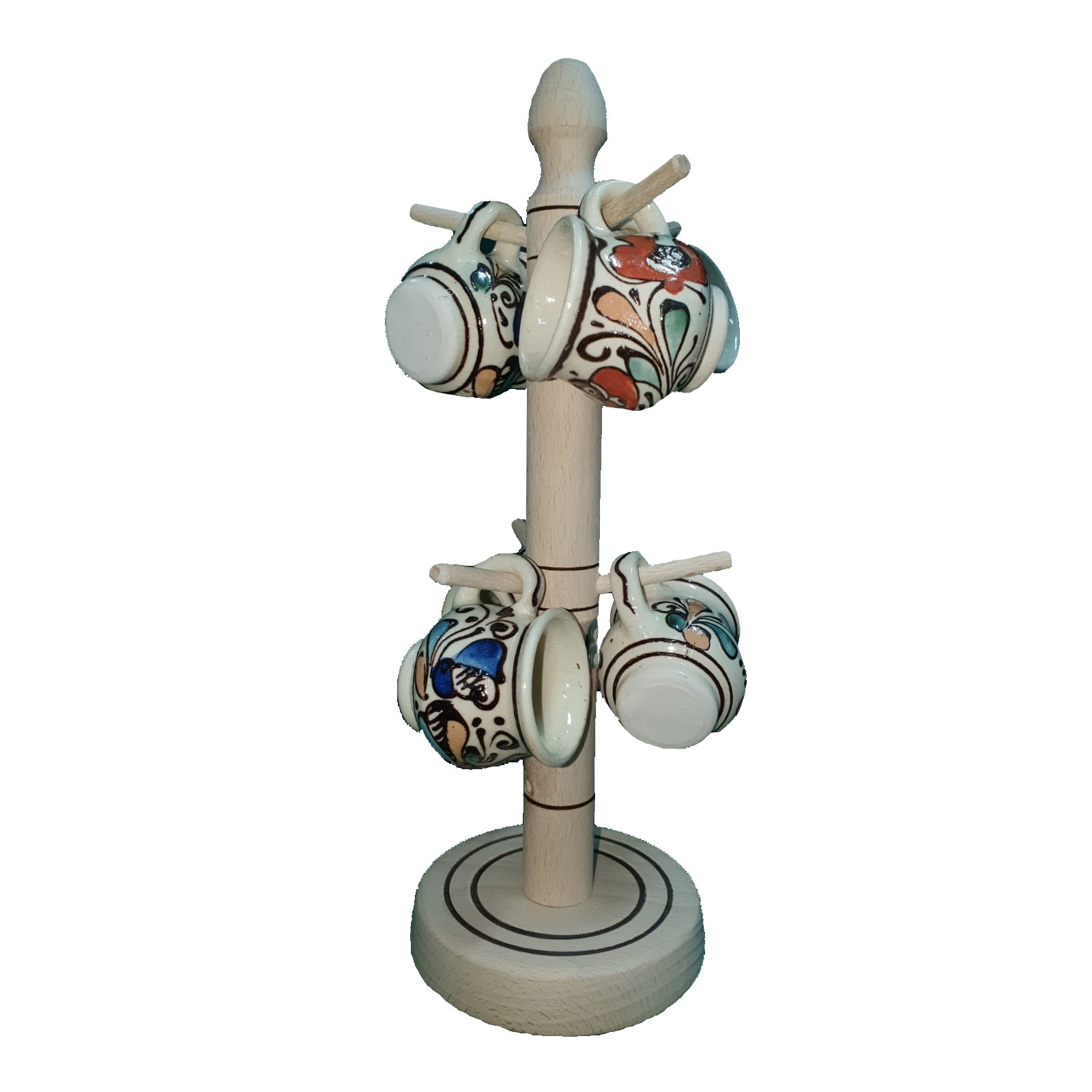 Set 6 cesti 30 ml, Ceramica de Corund, cu suport din lemn, Multicolore