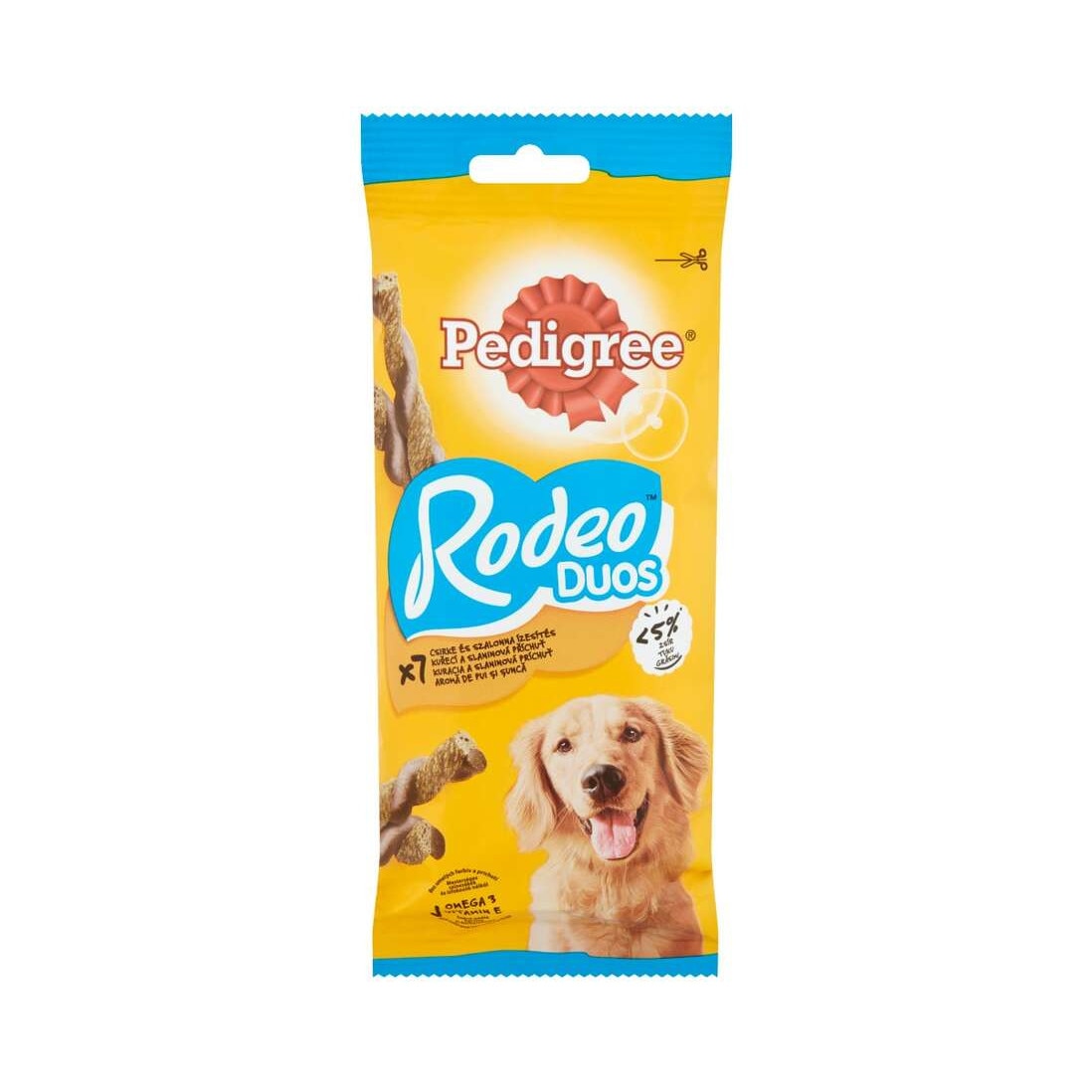 Recompense pentru caini Pedigree Rodeo Duos, pui si sunca, 7 sticksuri, 123g