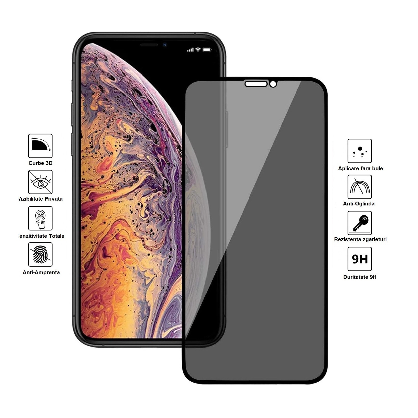 Folie protectie Privacy Premium pentru iPhone 12/12 Pro, Full Cover Black 6D, Full Glue, Sticla securizata
