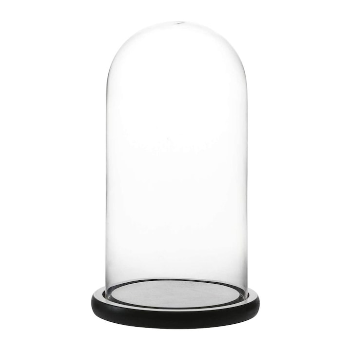 Cupola de sticla transparenta, dom sticla, baza lemn negru, diametru 15 cm, inaltime 25 cm