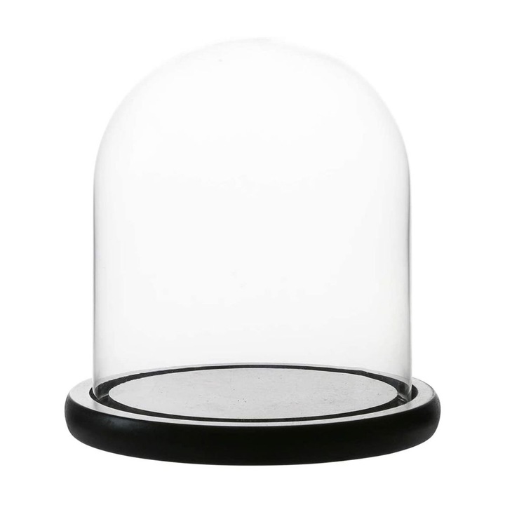 Cupola de sticla transparenta, dom sticla, baza lemn negru, diametru 12 cm, inaltime 20 cm