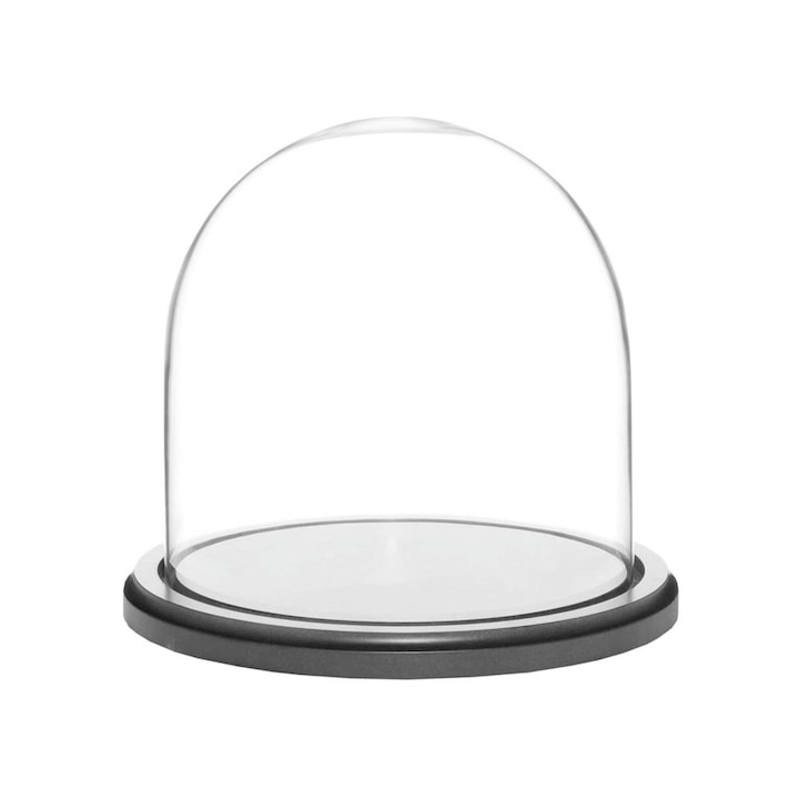 Cupola de sticla transparenta, dom sticla, baza lemn negru, diametru 15 cm, inaltime 20 cm