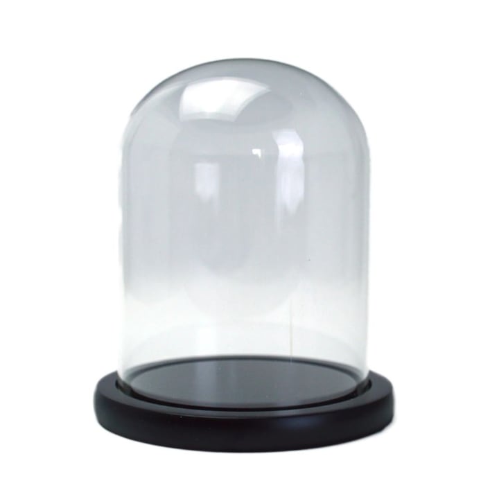 Cupola de sticla transparenta, dom sticla, baza lemn negru, diametru 12 cm, inaltime 25 cm