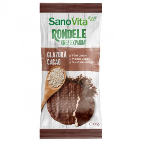 Rondele orez expandat cu glazura cacao, 66 g, Sano Vita