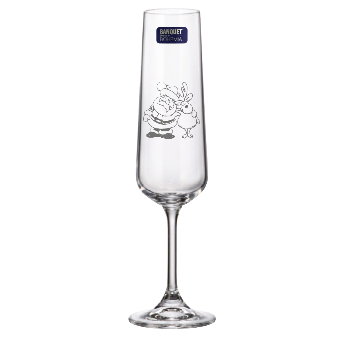 Set 2 Pahare de Sampanie Cristal Bohemia cu Mos Craciun si renul Rudolf 205 ml