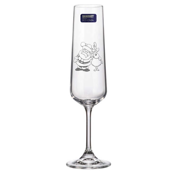 Set 2 Pahare de Sampanie Cristal Bohemia cu Mos Craciun si renul Rudolf 205 ml
