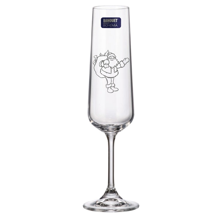 Set 2 Pahare de Sampanie Cristal Bohemia cu Mos Craciun Salutand 205 ml