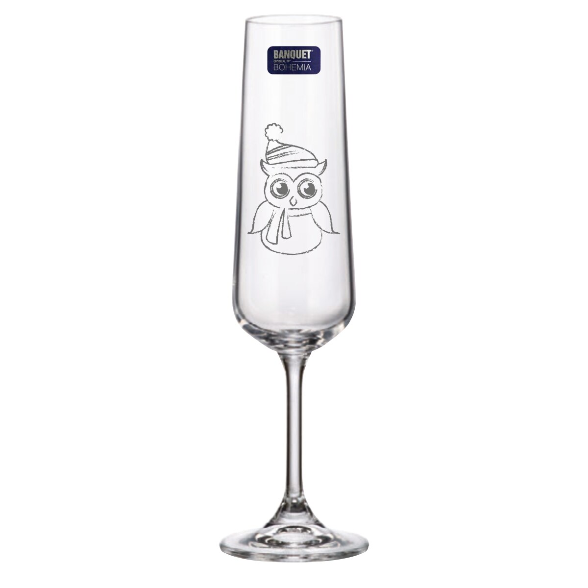 Set 2 Pahare de Sampanie Cristal Bohemia cu Bufnita Norocoasa de Craciun 205 ml