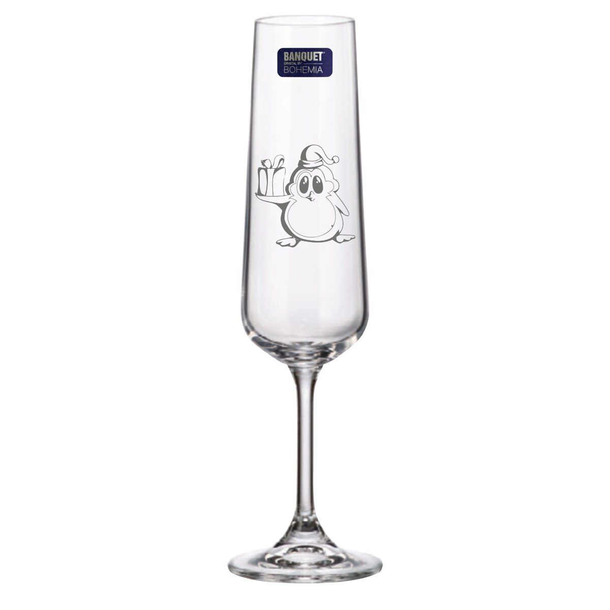 Set 2 Pahare de Sampanie Cristal Bohemia cu Pinguin de Craciun 205 ml