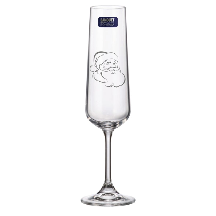 Set 2 Pahare de Sampanie Cristal Bohemia cu Mos Craciun Zambitor 205 ml