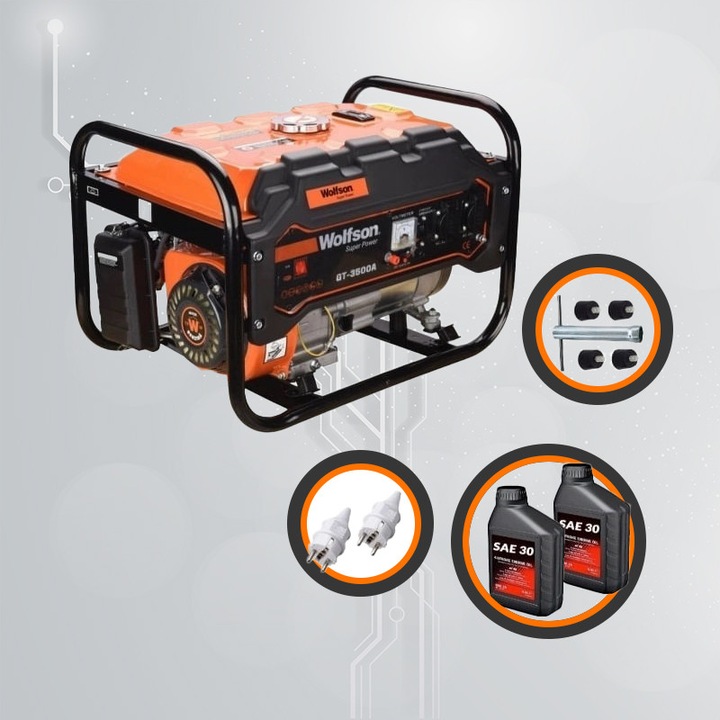 Generator de curent WOLFSON® GT-3500A, stabilizator tensiune AVR, monofazat, benzina, alerta nivel ulei, protectie suprasarcina, autonomie 12 ore, 2 ulei motor 0.6L