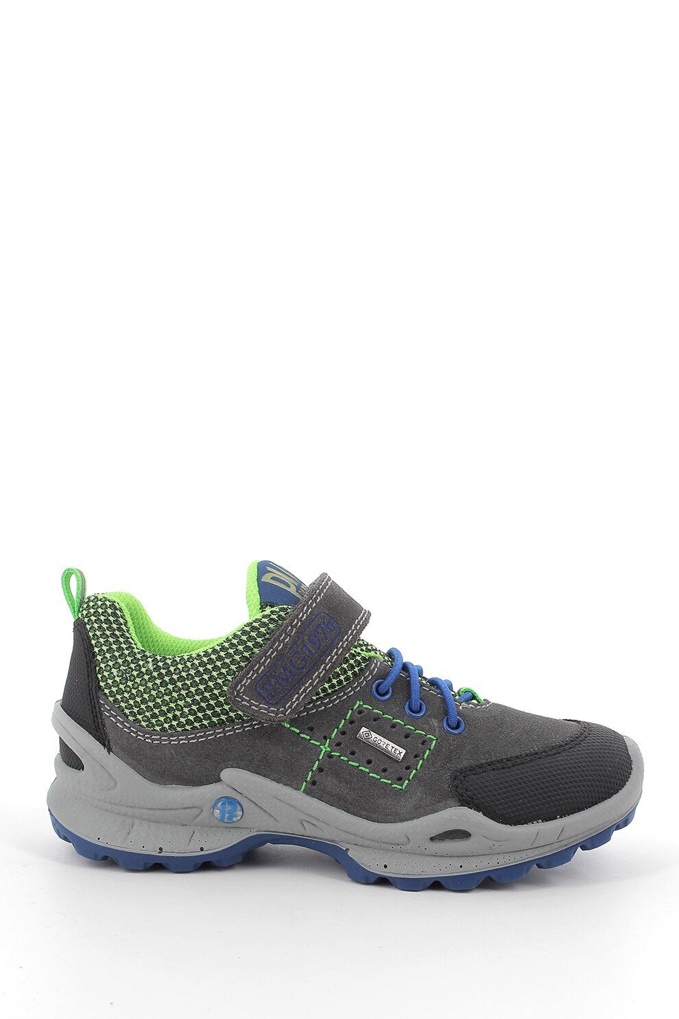 Primigi, Pantofi sport cu insertii de piele intoarsa, Gri inchis/Verde electric, 25 EU