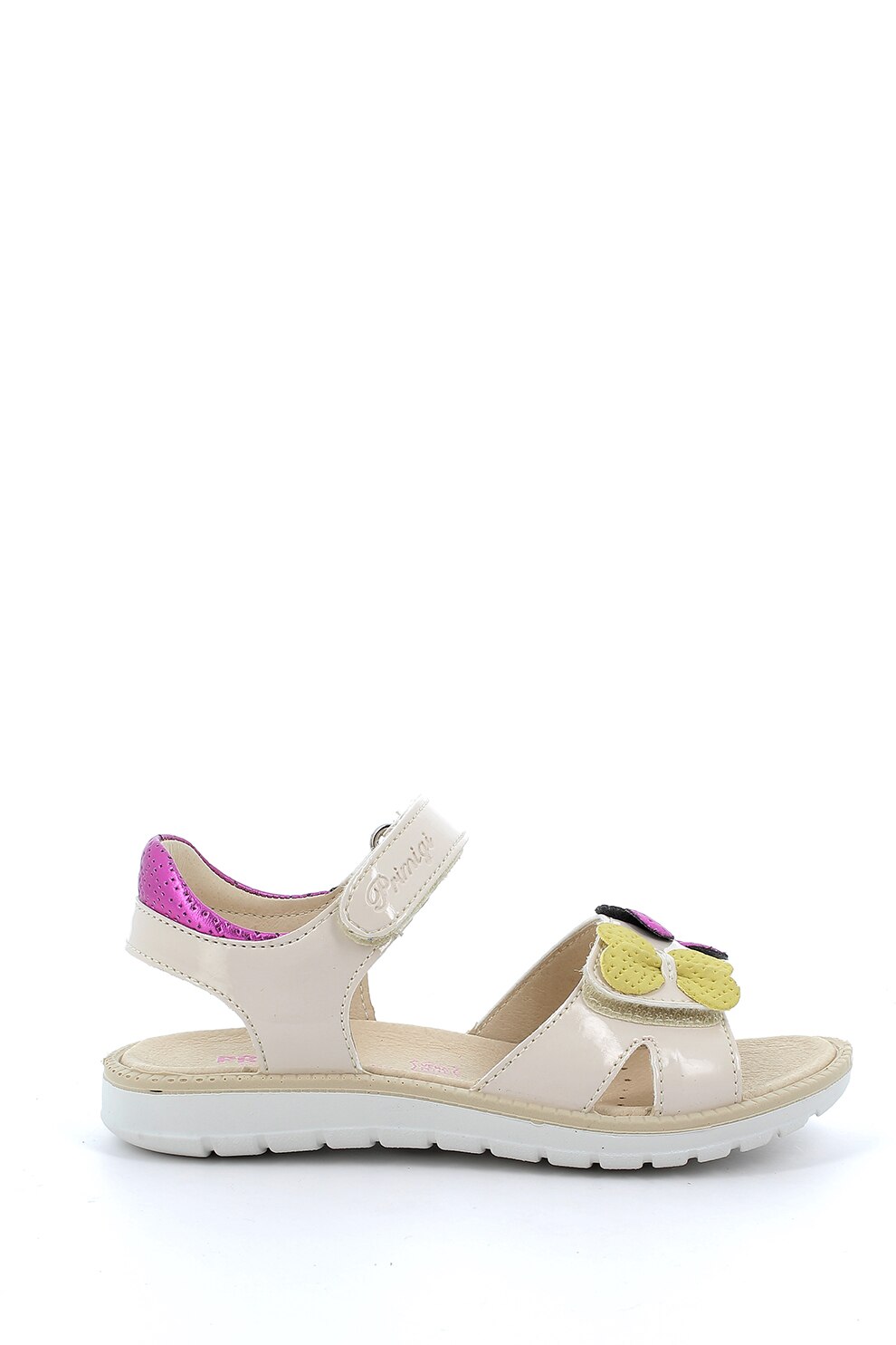 Primigi, Sandale de piele lacuita, cu aplicatii cu funda, alb prafuit, galben, fucsia, 25 EU
