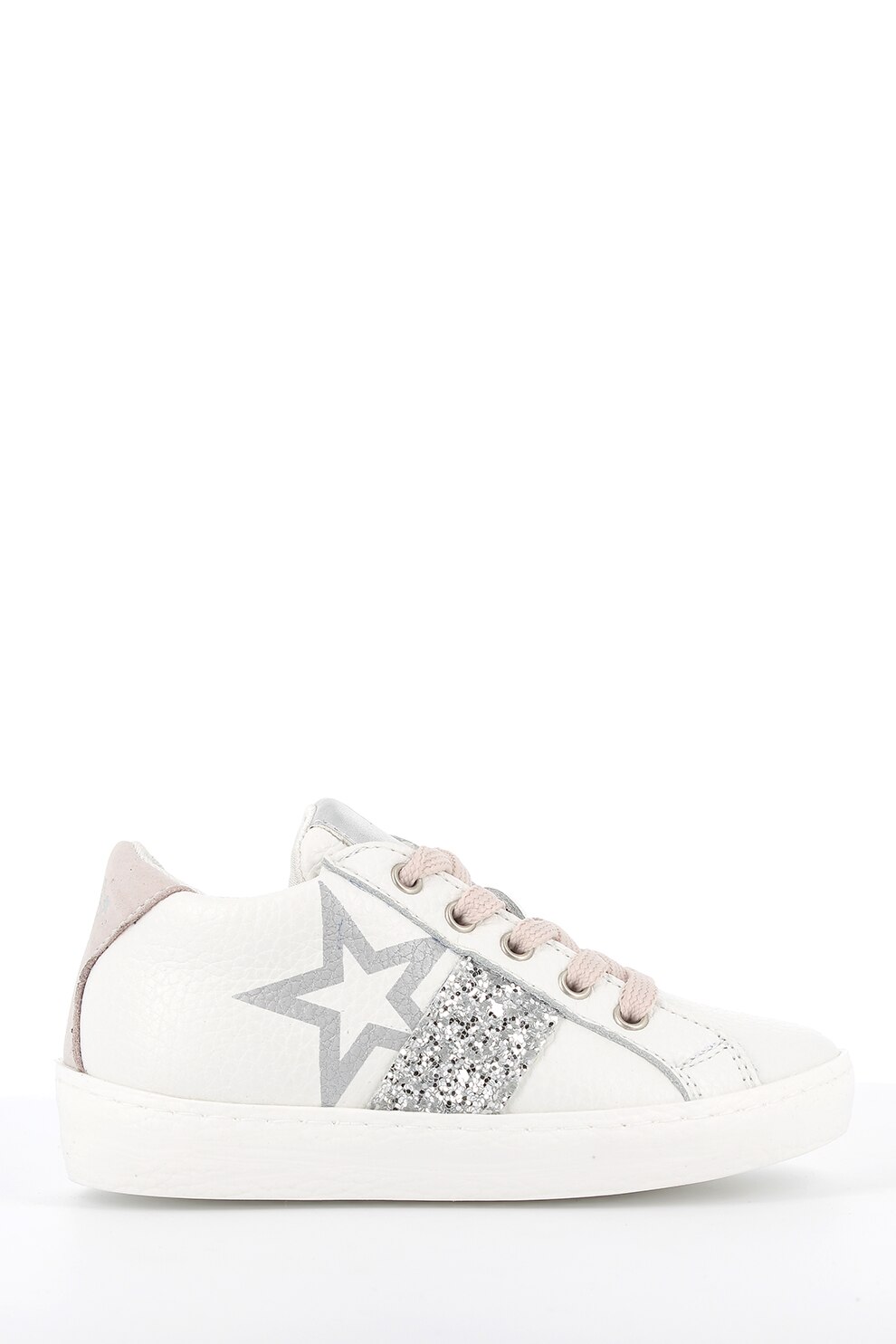 Primigi, Pantofi sport de piele cu detaliu stralucitor, Alb/Argintiu/Roz, 26 EU
