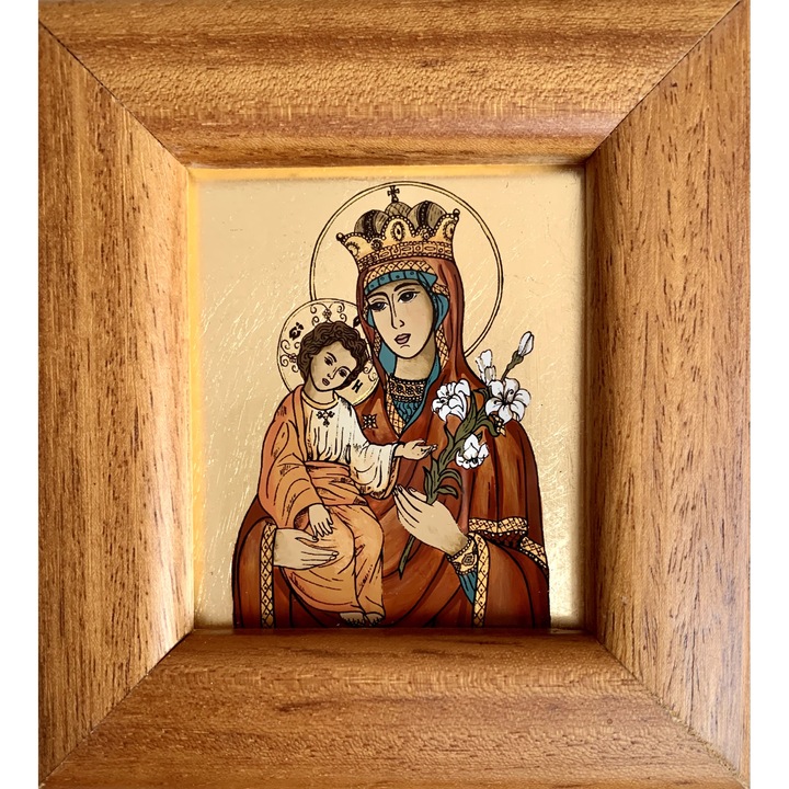 Icoana pictata manual pe sticla, Maica Domnului cu pruncul Iisus, Floare Nepieritoare, 12x11 cm