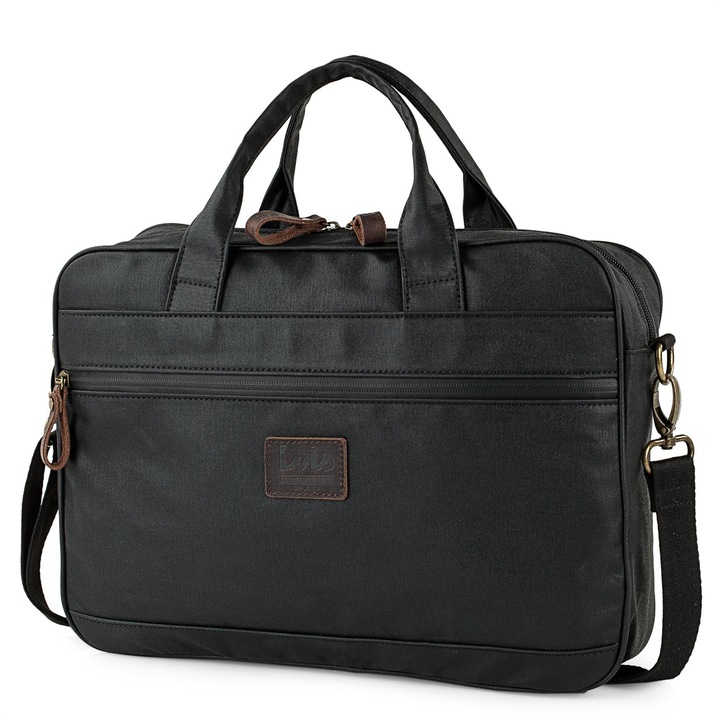 Geanta laptop pentru barbati LOIS 307840, bumbac si piele, 38x27x8cm, negru