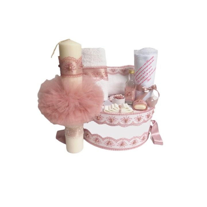 Set Trusou Botez la cufar rotund cu lumanare pentru fete, Cod 309939, 9 piese, Alb/Roz
