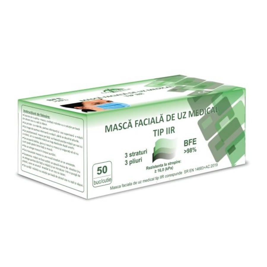 Set 50 buc Masti Medicale tip IIR, 3 pliuri, 3 straturi, BFE>98%, elastic si tija metalica