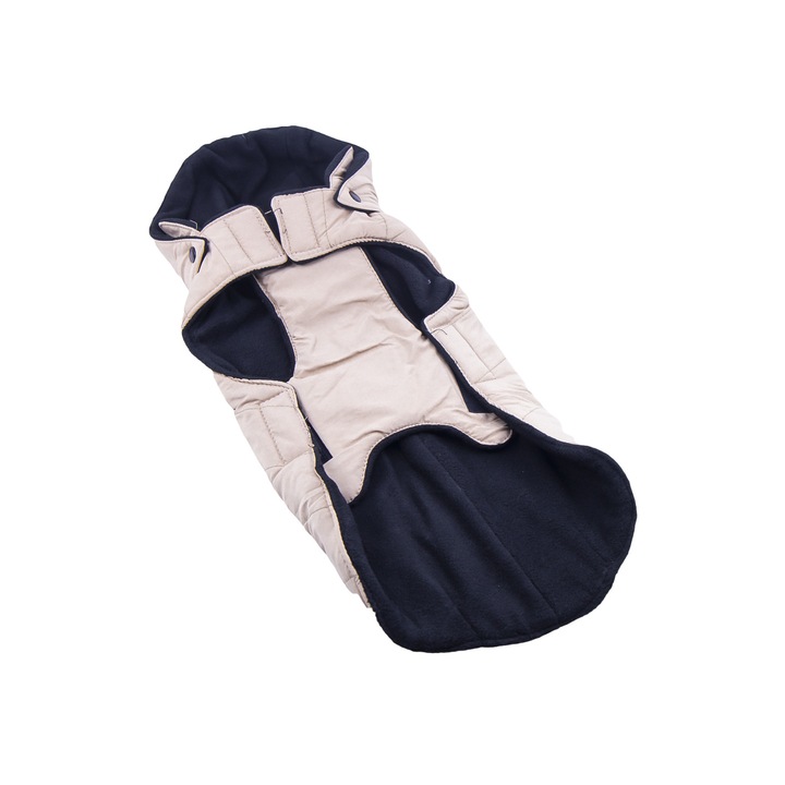 Vesta calduroasa Hugo Dog pentru sezonul rece ,cu gluga detasabila,pentru catei de talie mica,prindere cu scai si capse,confortabila,material moale,deisgn modern,bej,marime 42/M,Doty