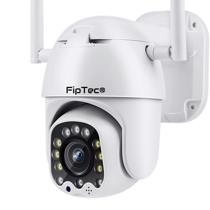 FipTec LO17N Pro intelligens megfigyelő kamera 32 GB-os memóriakártyával, WiFi, Full HD 1080p, 360°-os forgatás, vízálló, színes éjszakai látás 25 méterig, mozgásérzékelő és telefonértesítések, automatikus tárgykövetés, Android, iOS és PC-hez