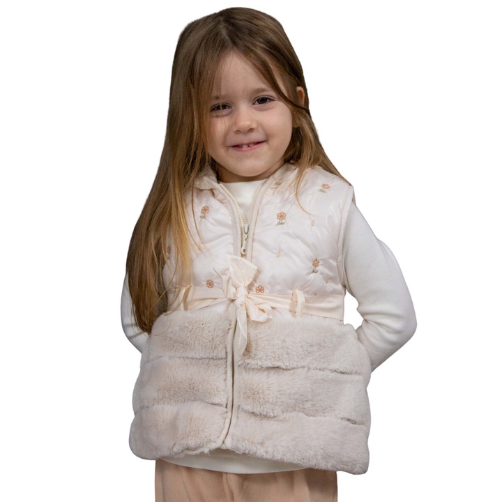 Set 3 piese cu pantaloni, bluza si vesta, fete, Moonstar, cu floricele, bej