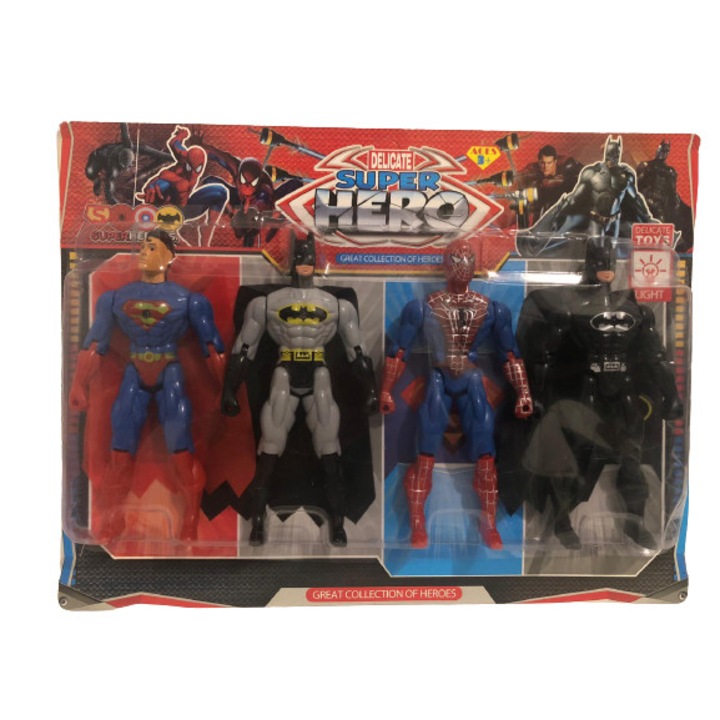 Set 4 figurine eroii Marvel, Superman, Batman, Spiderman, cu LED, 19 cm, multicolor, +3 ani
