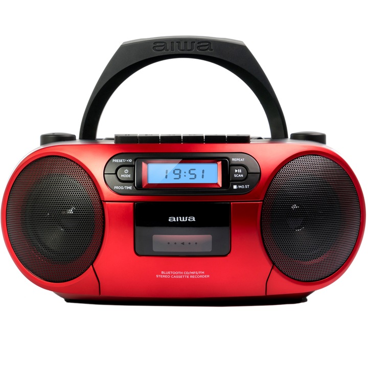 Аудио микросистема Aiwa BBTC-550RD, Bluetooth, CD, FM радио, Касетен дек, MP3 плейър, 2x3W, Червено