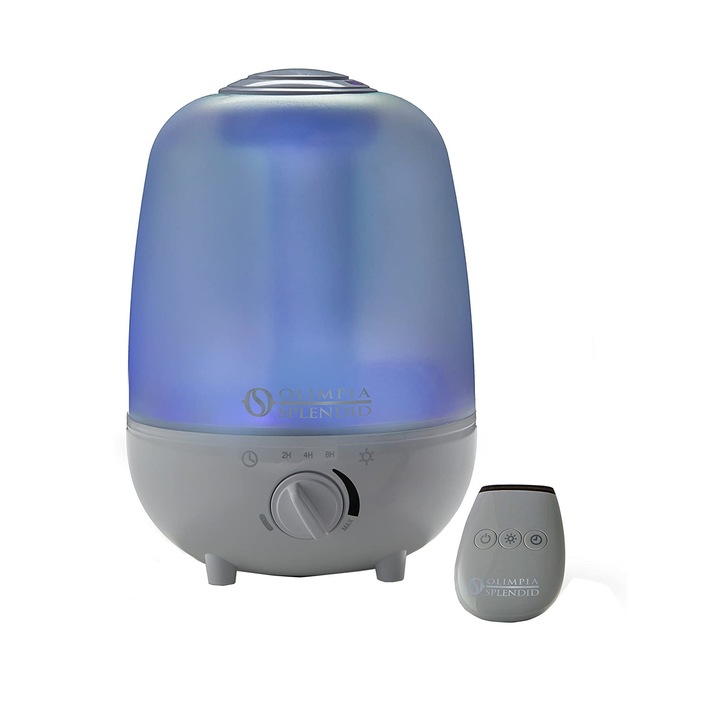 Olimpia Splendid párásító, Limpia 4, tartály térfogata 4 l, 300 ml/h, állítható teljesítmény, színterápiás funkció, 8 órás időzítő, 35 m2-es helyiségekhez, üres tartály riasztó, kompakt kivitel, szürke