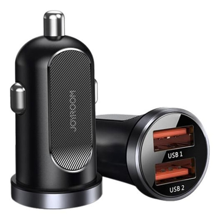 Incarcator auto Joyroom doua porturi QC3.0 Smart fast charge 2x USB 30W Quick Charge, SCP, PD, AFC Negru