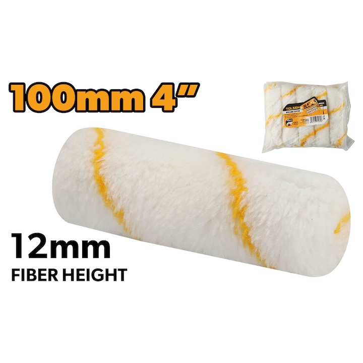 Rola trafalet TOLSEN 100 mm, fibra 11 mm, poliester si acril, ax 5.7 mm, ideala pentru pereti exteriori si suprafete rugoase, aplicare eficienta si inlocuire usoara