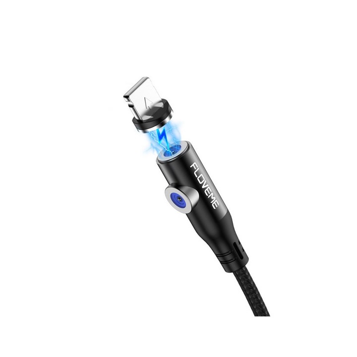 Gyorstöltő kábel, 2.4A, mágneses iPhone csatlakozó, 1m, fekete, 360 és 90 fokban forgatható, LED-del, Floveme