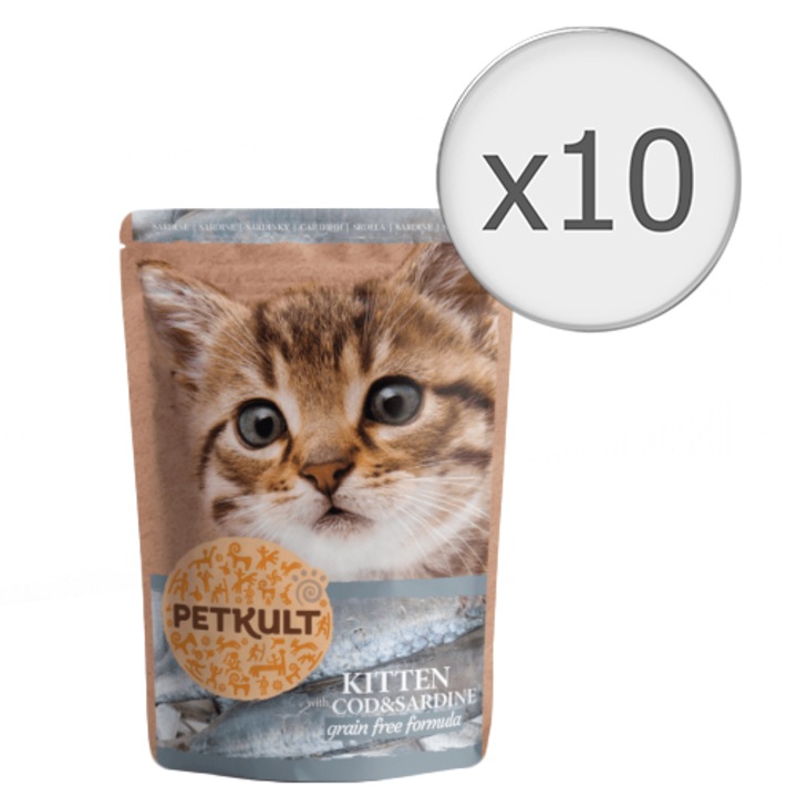 Hrana umeda pentru pisici Petkult, 10x100g, Sardine, Cod