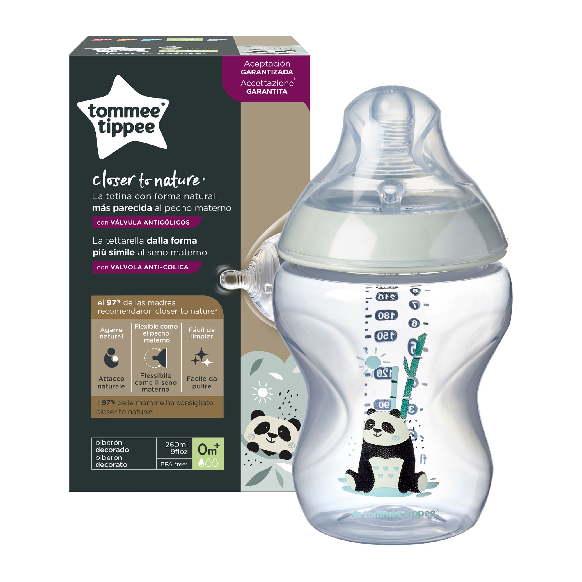 Biberon Tommee Tippee, Closer to Nature, 260 ml, PP, Ursuleti Panda, 0 luni +, 1 buc