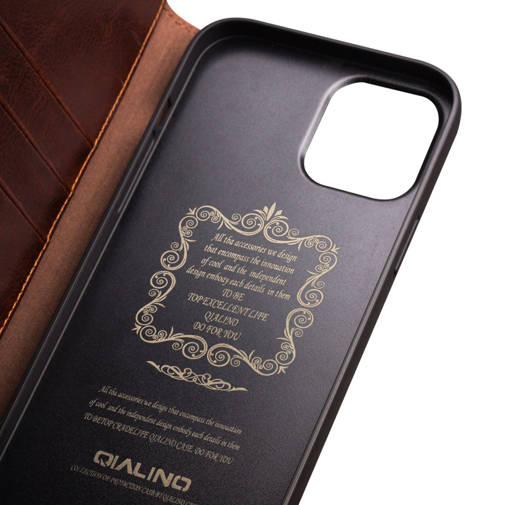 Husa pentru iPhone 13 Pro Max, Qialino Classic Wallet, din piele fina tip carte, cu buzunare carduri si bani, culoare Maro coffee