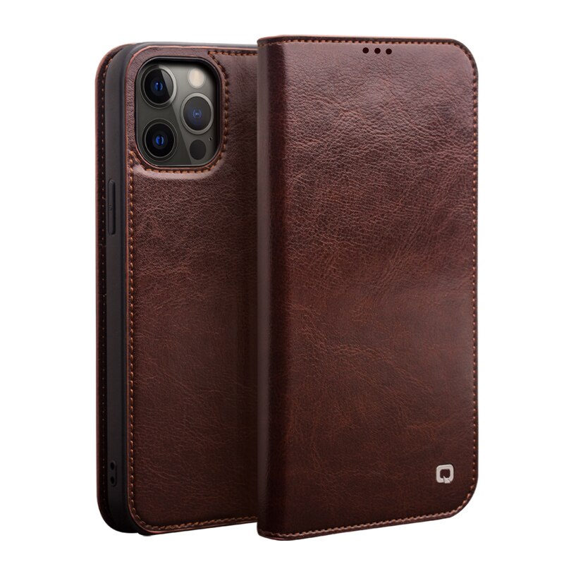 Husa iPhone 12 Pro, iPhone 12, Qialino Classic Wallet, din piele fina tip carte, cu buzunare carduri si bani, culoare Maro coffee