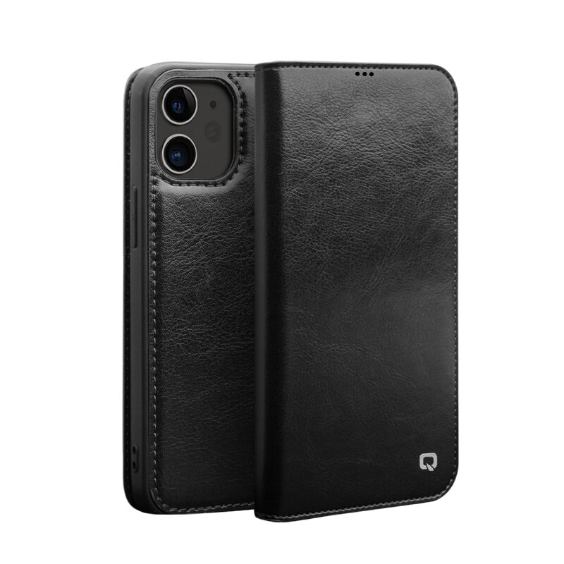 Husa iPhone 12 Mini, Qialino Classic Wallet, din piele fina tip carte, cu buzunare carduri si bani, culoare Negru