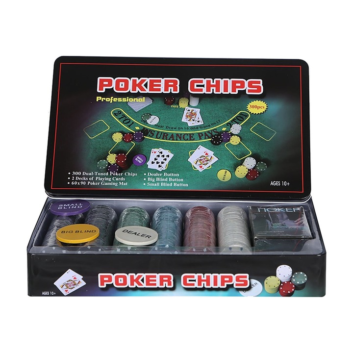 Покер комплект в метална кутия DAR, 300 чипа, 33 x 19 x 4 см, Многоцветен