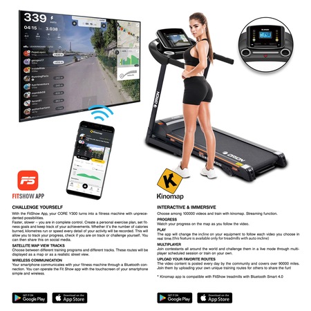 Banda de alergat electrica Orion CORE Y300, Bluetooth, Kinomap, FitShow, greutatea maxima a utilizatorului 100 kg, inclinare manuala, pliabila